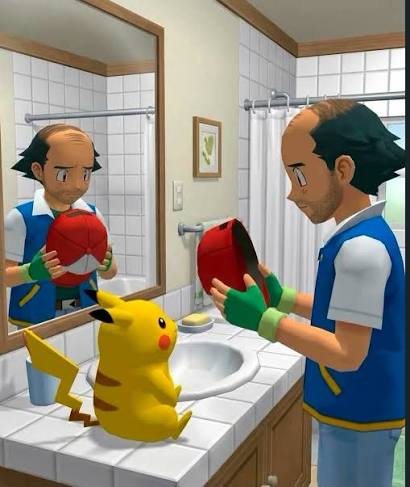 Unc Ash, older and balding, staring at his faded red cap in the bathroom mirror while his yellow buddy waits on the counter